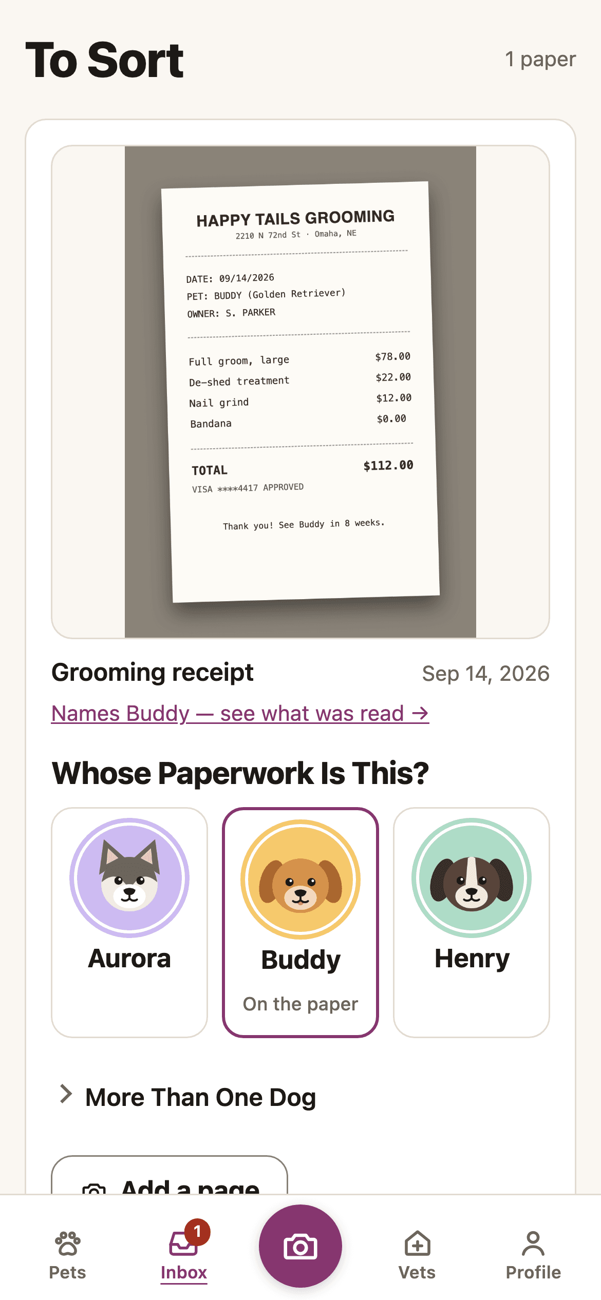 The To Sort inbox showing a photographed grooming receipt and a “Whose Paperwork Is This?” picker for Aurora, Buddy or Henry.