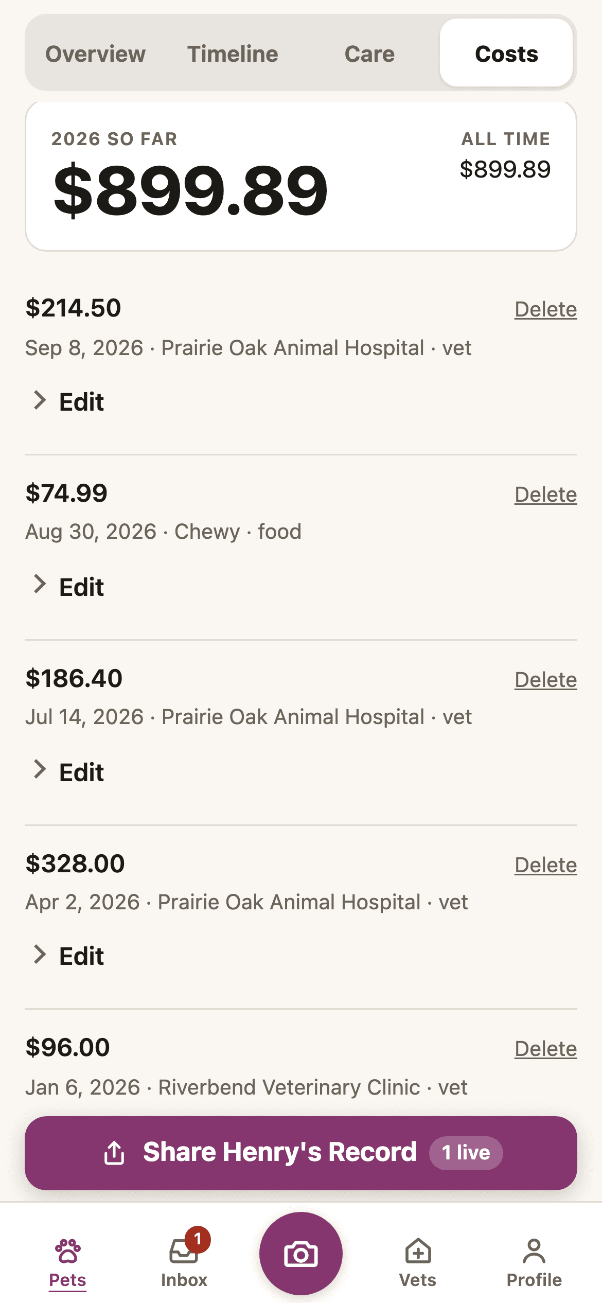 Henry's Costs tab: the year's total so far and each expense listed by date.