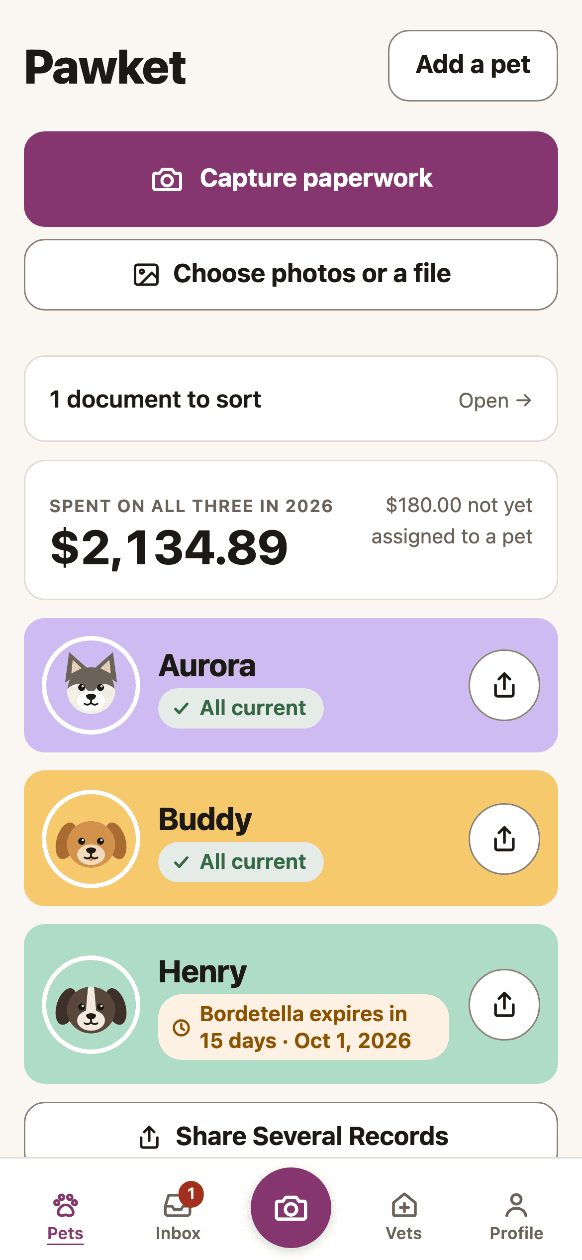 Pawket's home screen: Capture Paperwork, a document waiting To Sort, this year's total spend, and Aurora, Buddy and Henry's status cards.