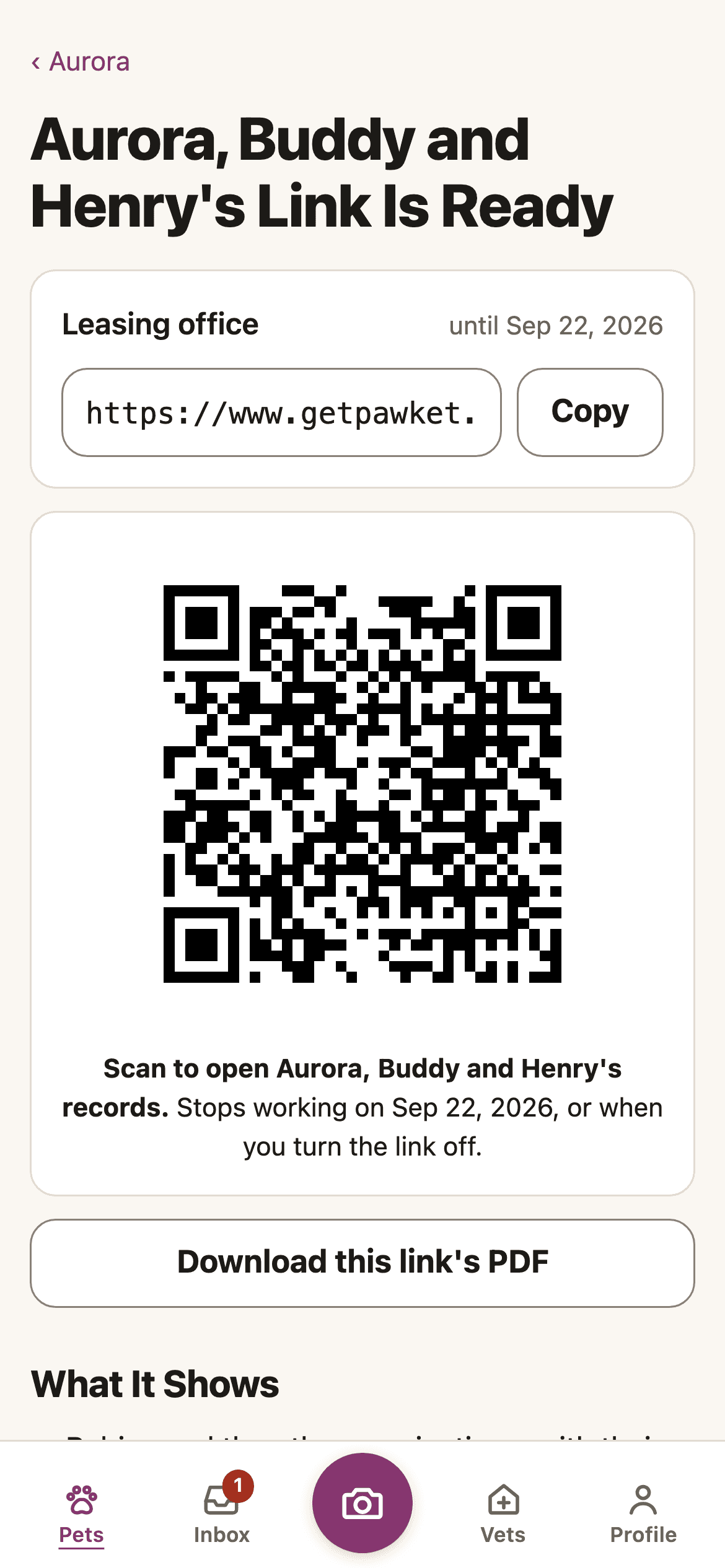 A share link ready to hand over: the web address, a QR code and a Download PDF button, with the date it expires.
