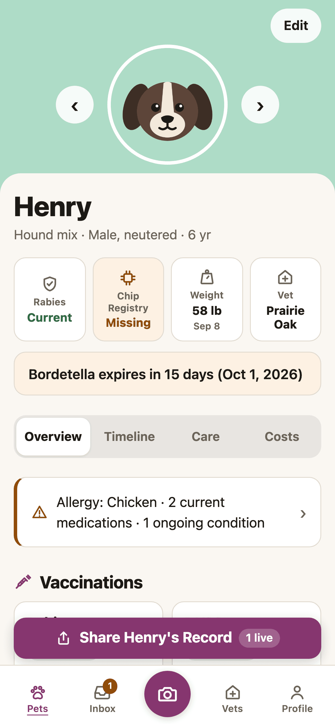 Henry's overview page: Rabies Current, Chip Registry Missing, Weight and Vet tiles, and a banner reading “Bordetella expires in 15 days (Oct 1, 2026).”