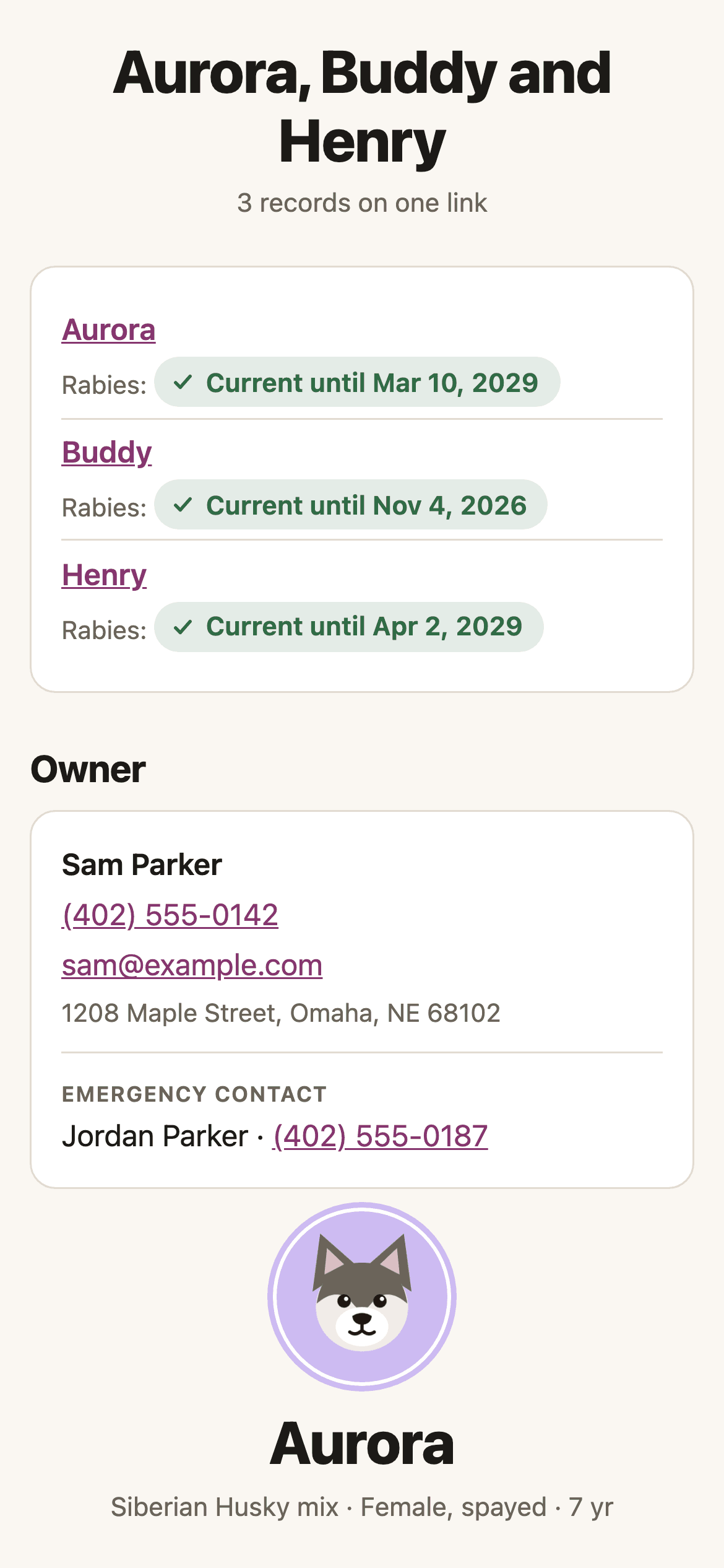 What the leasing office sees: Aurora, Buddy and Henry, each with a current rabies status.