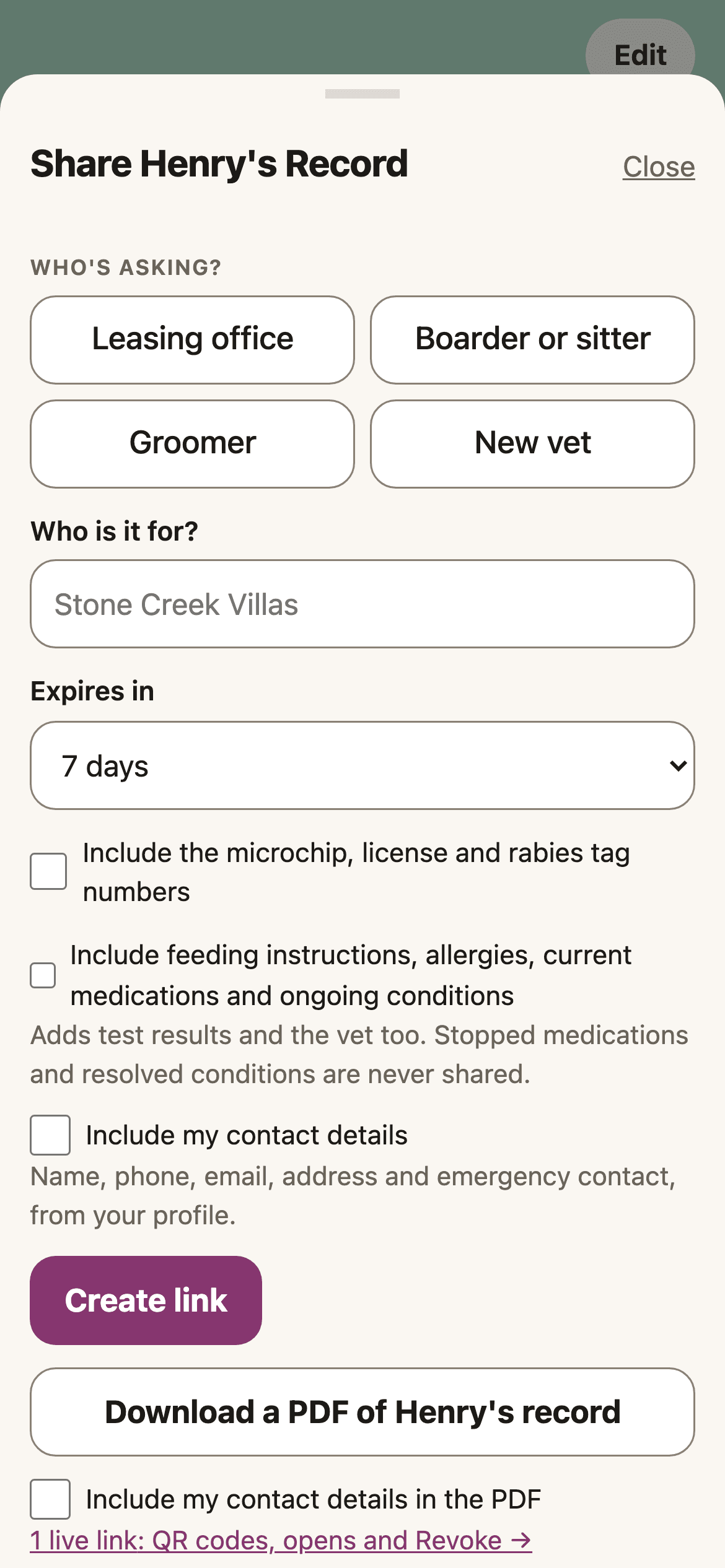 The share sheet for Henry's record: who's-asking presets, an expiration length, and toggles for microchip/license/rabies-tag numbers, medical details and contact details, all unchecked.